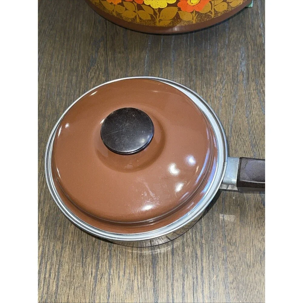 VGT Swan Brand Enamel Sauce Pot Pans Orange/Brown Flowers with Lids 70s  Lot 3
